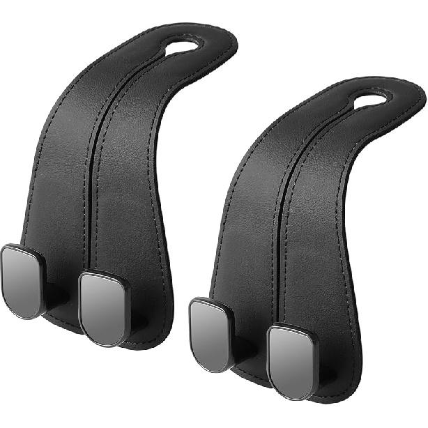 2 Pack KAFANLIN Car Headrest Hooks For Purses And Bags Cute Leather Car Seat Back Head Rest Double Hooks For Bags Cute Pink Beige Car Accessories