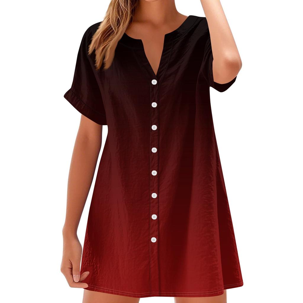 Women Fashion Casual V-neck Short Sleeve Button Gradient Print Dress
