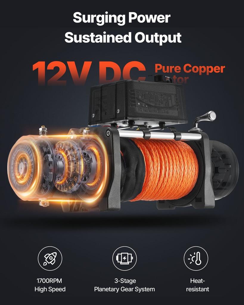 Electric Winch, 5400 kg Load Capacity, 12V DC Truck Winch with 9.1 mm x 23 m Synthetic Rope, Wireless & Wired Remote Control, IP55 Waterproof for
