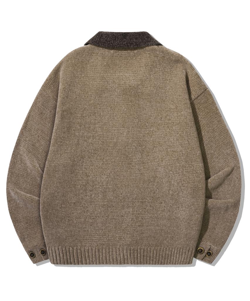 TRILLION Leather Patchwork Velvet Cardigan Knit_Beige