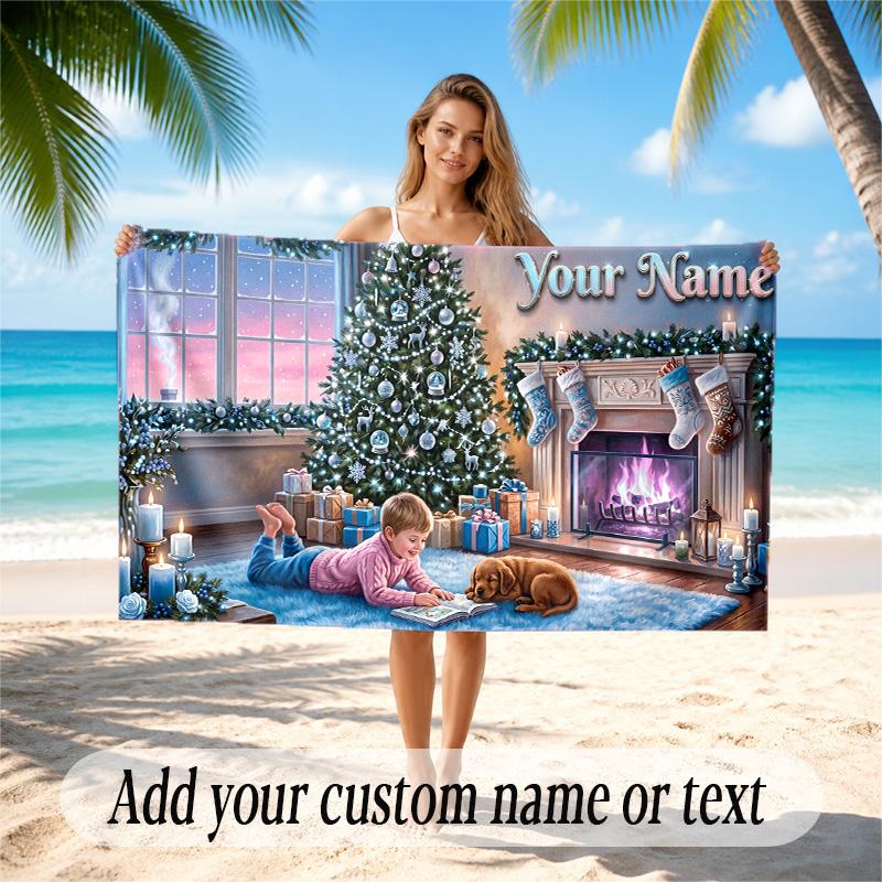 Christmas Theme Quick Dry Beach Towel Custom Name Text Print Large Sand Resistant Towel Beach Vacation