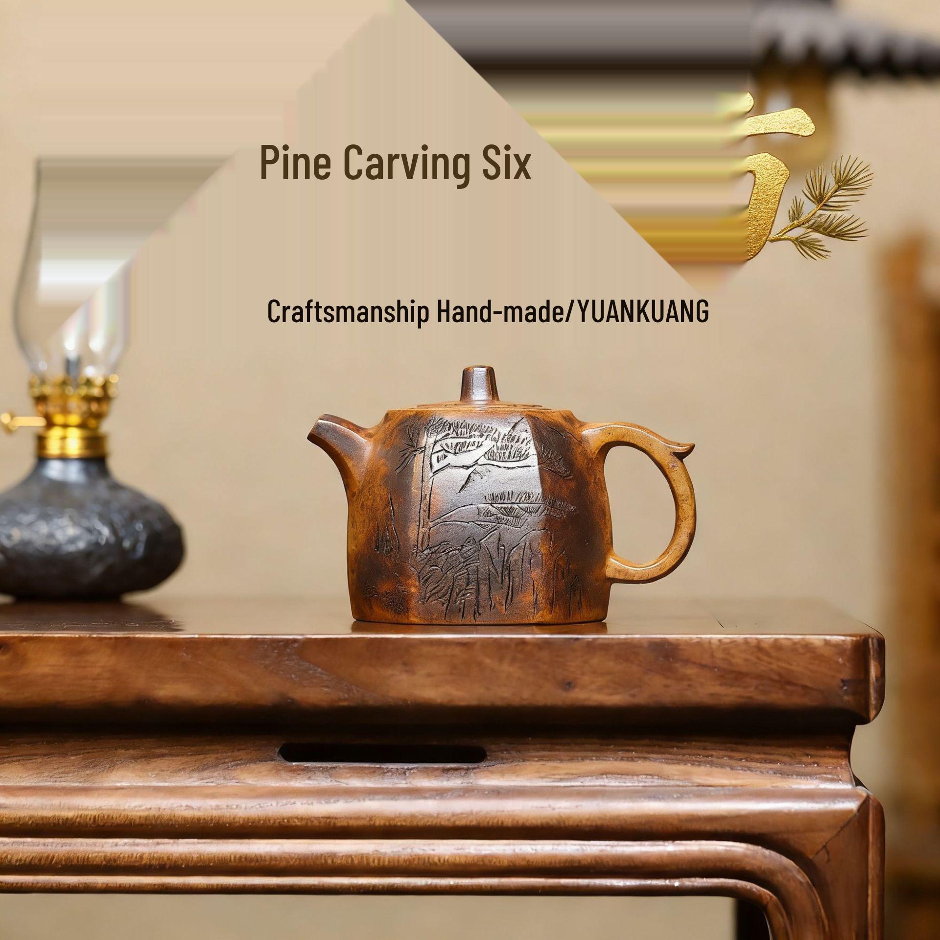 

Yixing Zisha Teapot: Semi-Handmade Hexagonal Pine Carving with High Temperature Gold Sand Finish 260CC