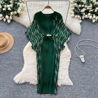 Spring Autumn Women Elegant 3D Flower Print Miyake Fold Batwing Sleeve Oversized Loose Pleated Dresses with Belt