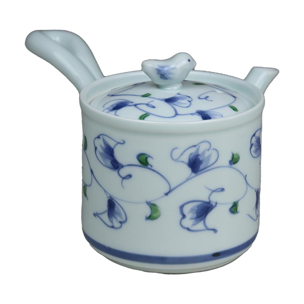 Yuuki Roman Lightweight Small Teapot with Tea Strainer, Made in Japan, Hasami Ware, Green Arabesque Design