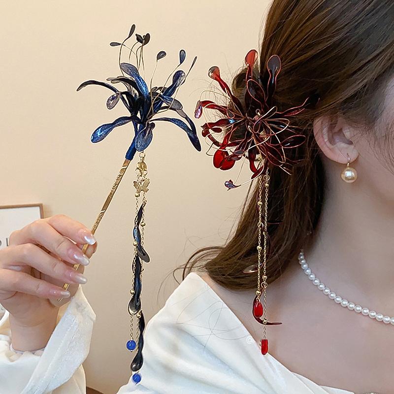 Chinese Style Spider Lily Flower Hair Sticks For Women Dripping Oil Tassel Hairpin Vintage Hanfu Chopsticks Hair Accessories