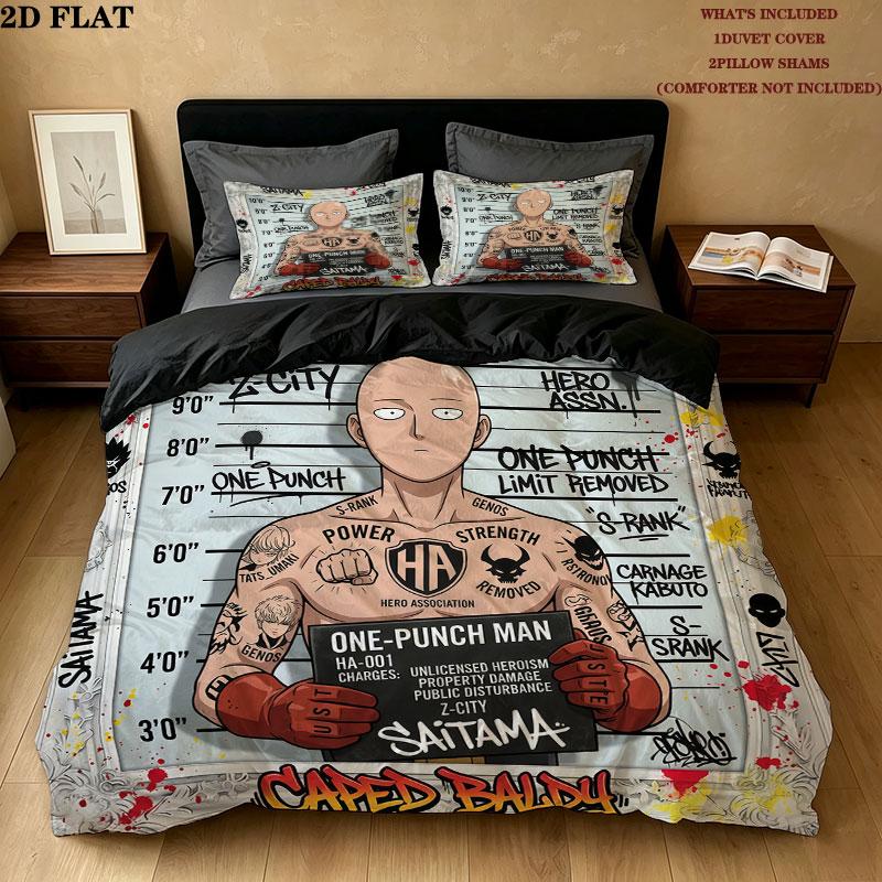 סט מצעים ושמיכה עם הדפס One Punch Man כיסוי שמיכה ציפית לציפית מתנת יום הולדת לבית(1 * כיסוי שמיכה + 2 * ציפות, ללא ליבה)