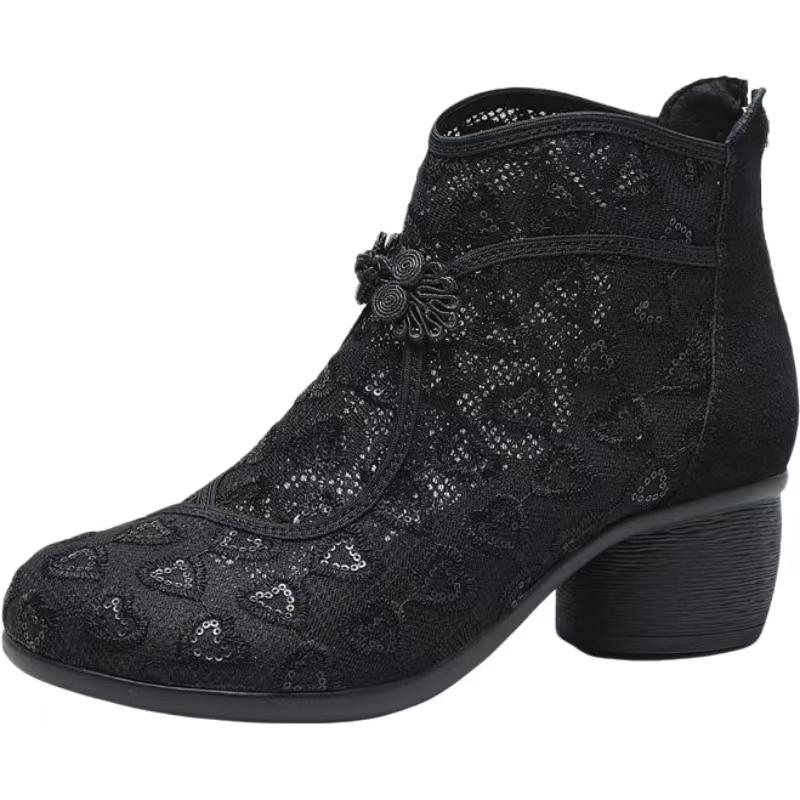 Women's Ethnic Style Mesh Ankle Cool Boots Spring Summer Block Heel Round Toe Soft Sole Dance Shoes Light High Top Zipper Sandal