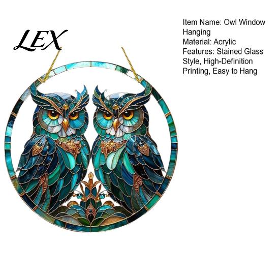Creative Housewarming Gift Double Owl Suncatcher Window Hanging Ornament, Stained Glass Style Circular Wall Pattern Decor, Green Art for Home
