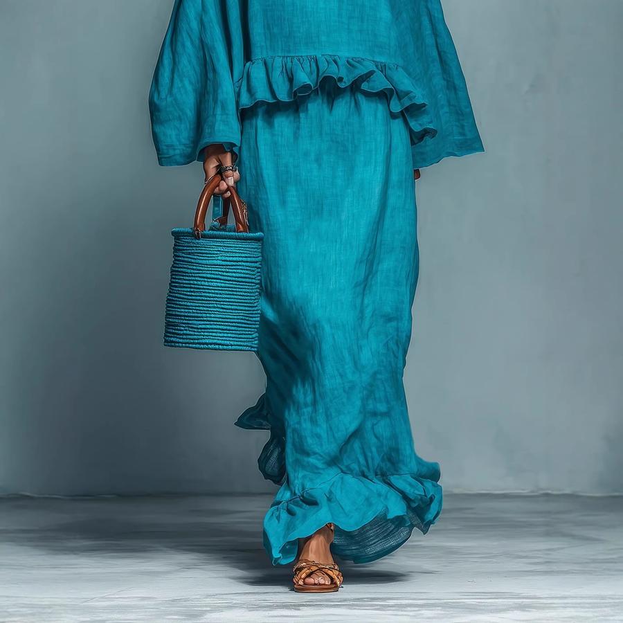 Neues Langarm Maxikleid Set Lässiges Mode einfarbiges Outfit