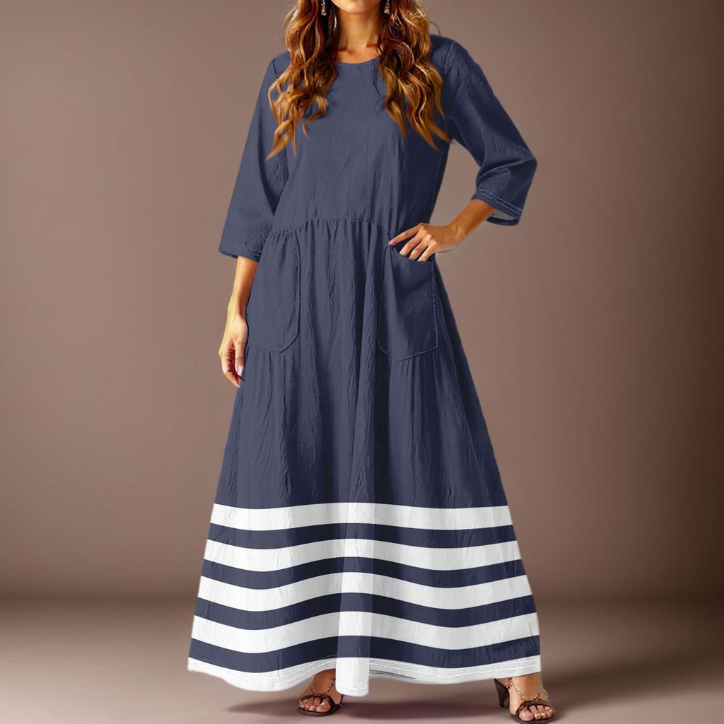 Women's Casual Fashion Striped Printed Three-quarter Sleeve Pocket Long Dress
