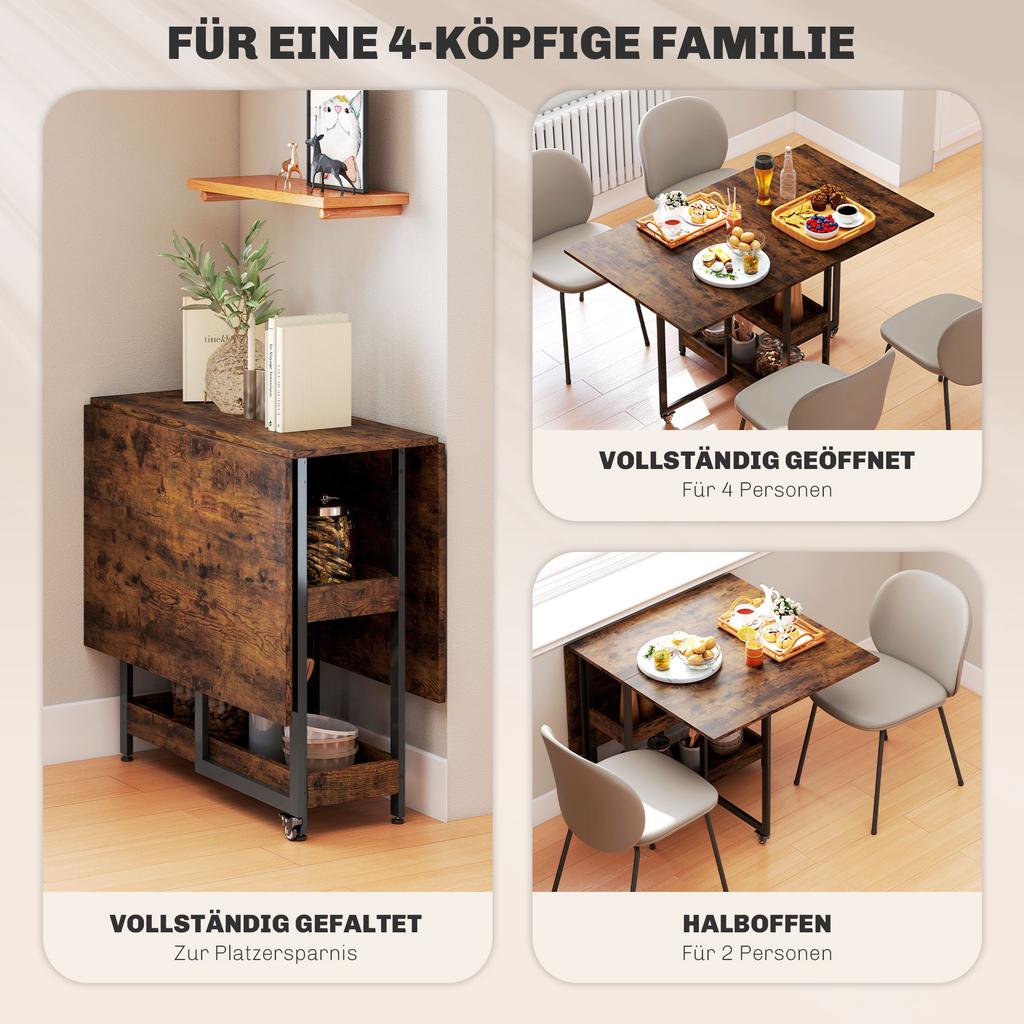 Foldable Dining Table In Industrial Design For Up To 4 People Open Shelves Flexible Metal Particle Board Brown