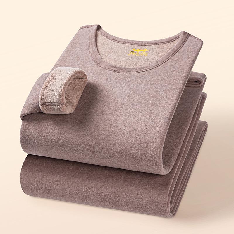 Camel Wool Fleece-Lined Underwear Set: Thick, Warm Base Layer for Women - Ideal for Autumn and Winter.