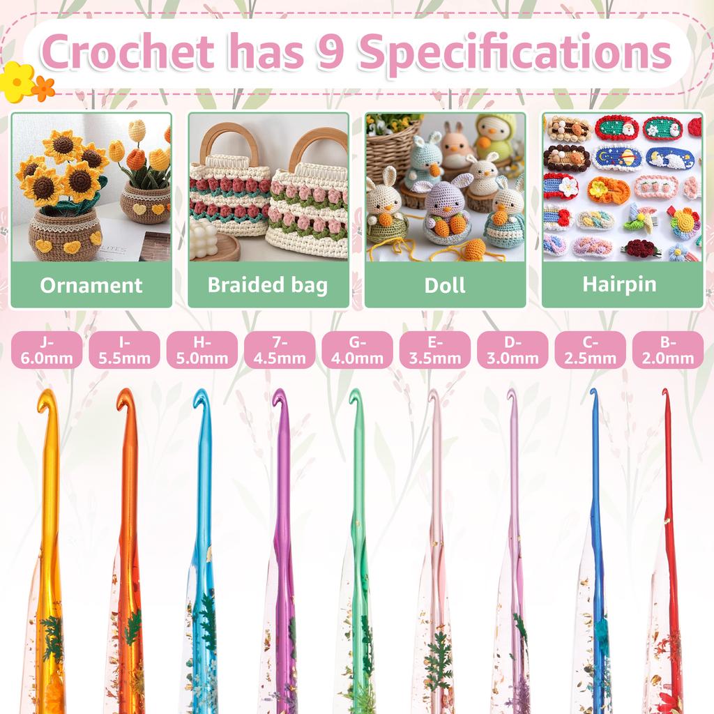 9/12 Pcs Crochet Hook Set Ergonomic Crochet Hooks with Storage Bag Floral Resin Plastic Practical Crochets Hooks Set for Weaving