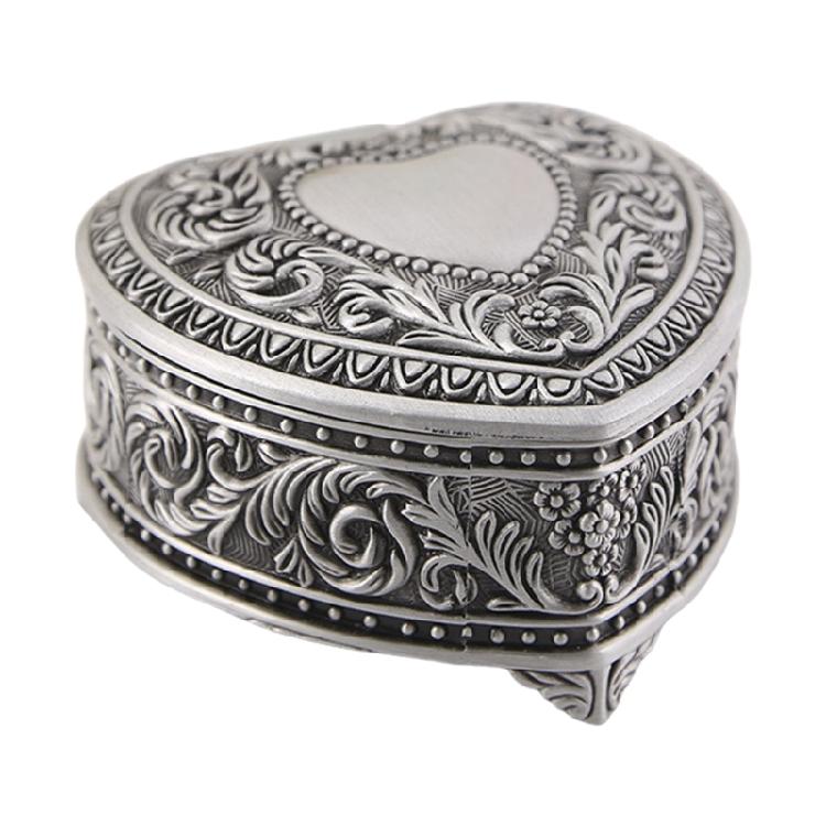 Antique Heart Shaped Jewelry Container Florals Engraved Box Decorative Storage Case for Rings Necklaces Earrings