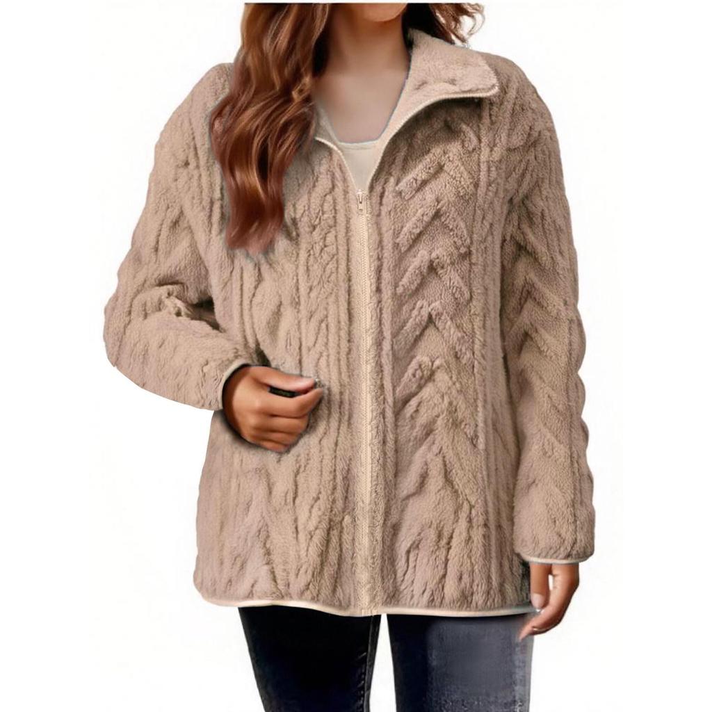 Women's Casual Zipper Knitted Stand Collar Sweater Long Sleeve Warm Coat