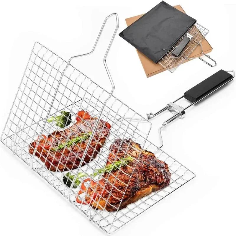 Bærbar grillkurv Sammenleggbar BBQ-grillkurv i rustfritt stål med håndtak for fisk Grønnsaker Reker Matlaging Kokekar Verktøy Nytt
