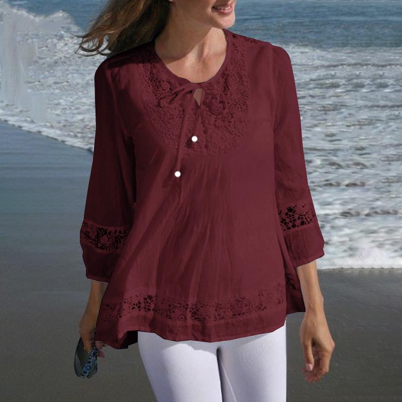 New Cotton Linen Patchwork Lace 3/4 Sleeve Loose Fit Women's Top