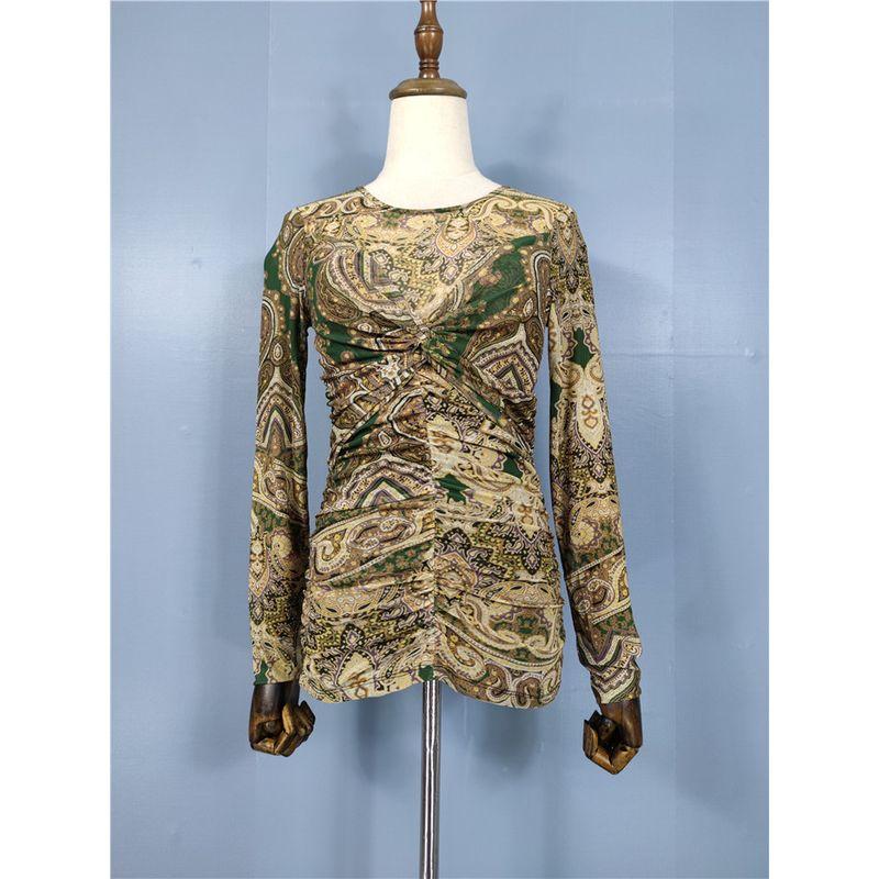 

Export Single Summer Easiest for Match New Arrival Light Elastic Mesh Exquisite Print Perspective Ruched Backless Long Sleeves Tops Women Green Brown XL
