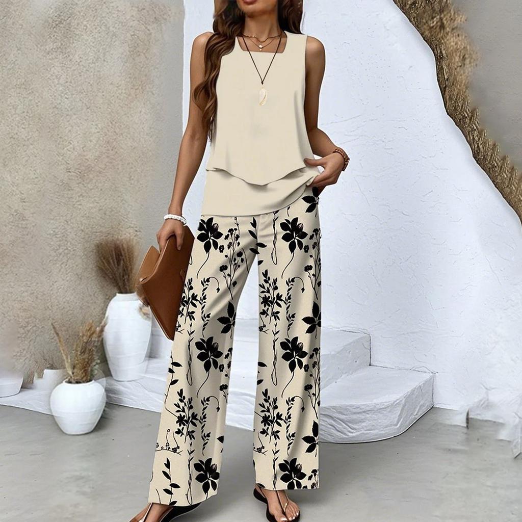 Dámský dvoudílný letní volný bez rukávů dvouvrstvý top vesta, ležérní kalhoty dovolenkový set