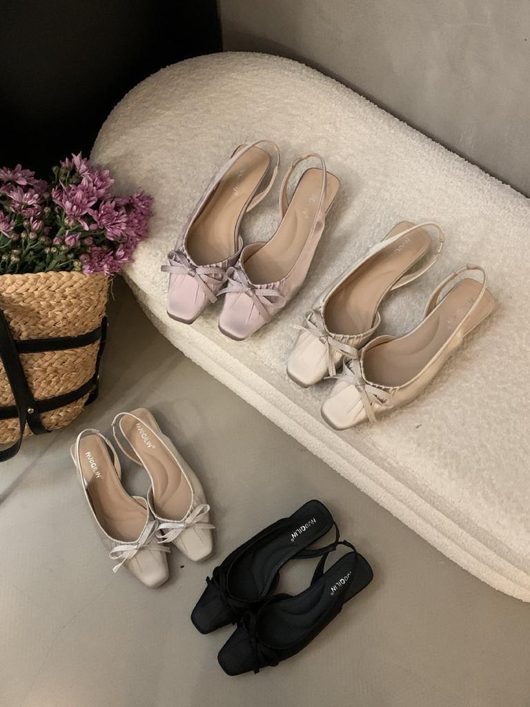 French Beauty Bow Pointed Head Sandals 2025 New Satin Back Strap Thick Heel Single Shoes