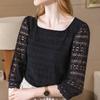 Lace Bottom Shirt for Women Straight Neckline Hollow Out Blouse Sexy Three Quarter Sleeve T-shirt