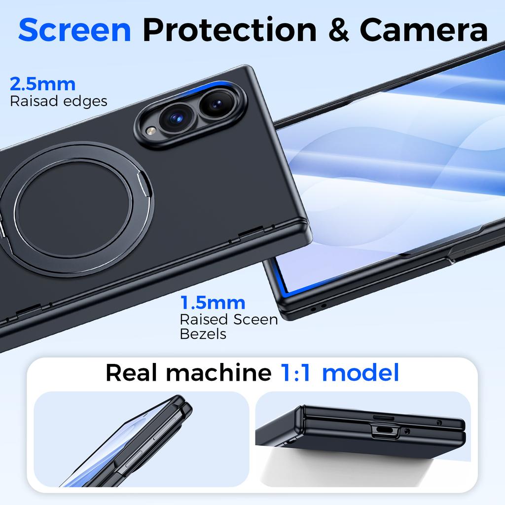Galaxy Z Fold 8 Case with Ring Kickstand, Hinge Protection and Tempered Glass Screen Protector-Black