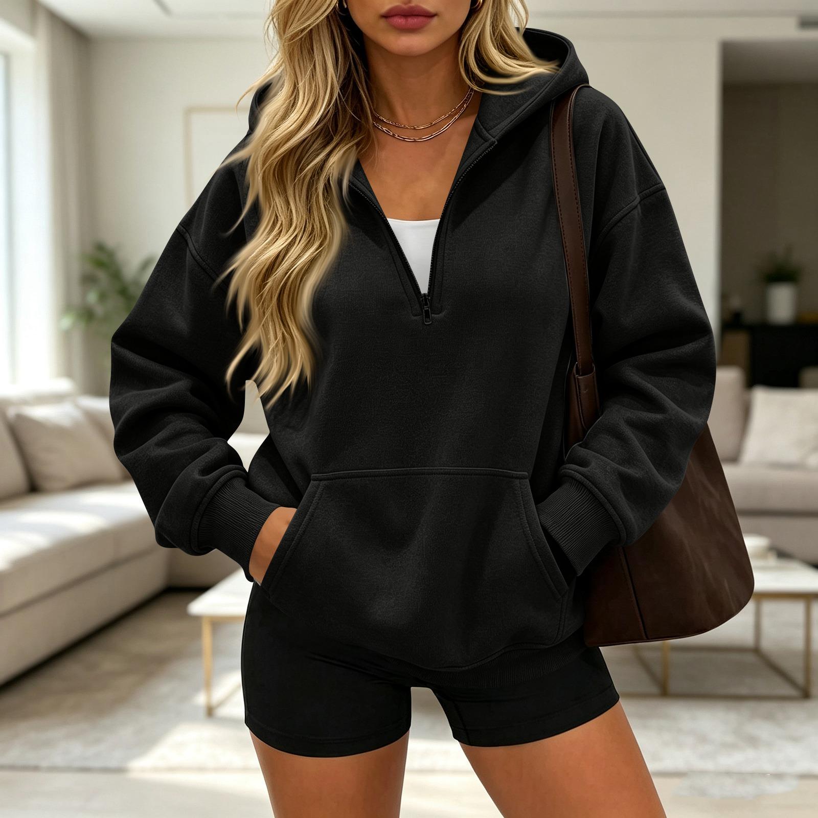 Women s Casual Half Zip Long Sleeve Hooded Sweatshirt for Daily Wear L