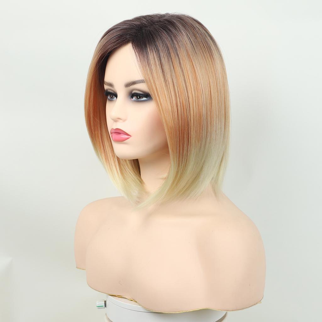 Dark Root Ombre Brown Blonde Short Hair Daily Cosplay Straight Synthetic Wig for Black White Women Heat Resistant Fibre