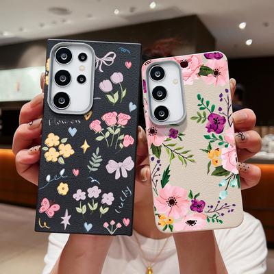 Blumenmuster Ledertextur TPU Soft Case für Samsung S25 Ultra S24 FE S23 S22 S21 A56 A36 A16 A15 A55 A35 Matte stoßfeste schlanke Telefonabdeckung