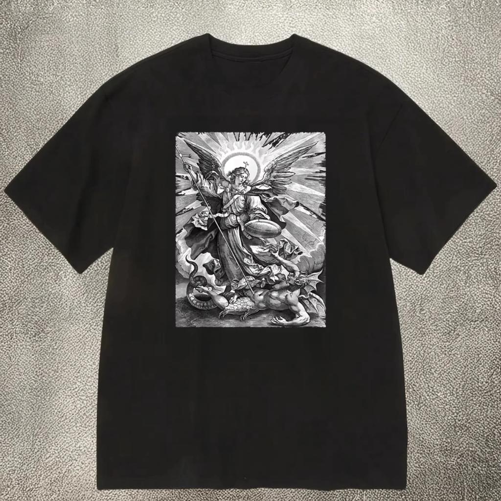 2025 Summer Hot Sale 's Black 200g Cotton Crew - Neck Short - Sleeve T - Shirt with Angel Vs