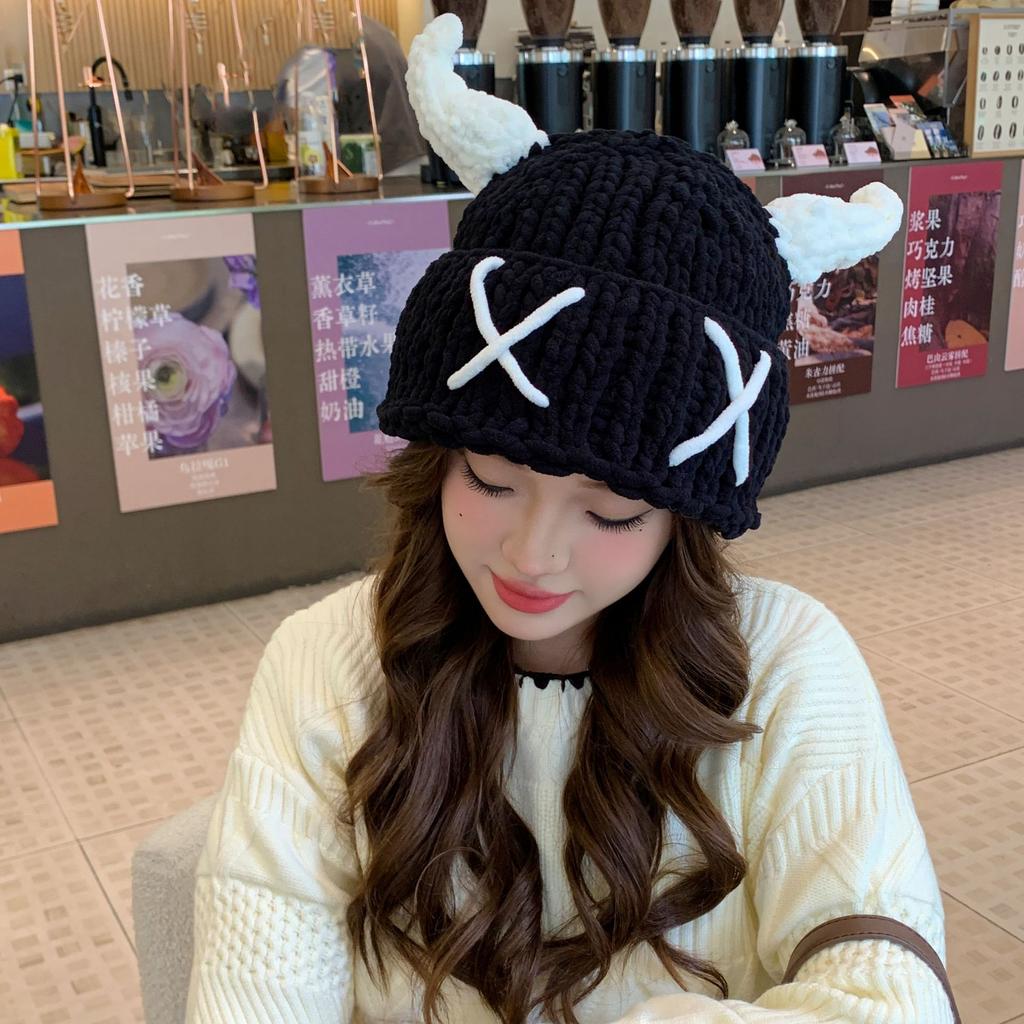 Little Devil Funny Horn Knitted Hat Female Yabifeng Halloween Headhat Autumn and Winter Warm Handmade Wool Hat