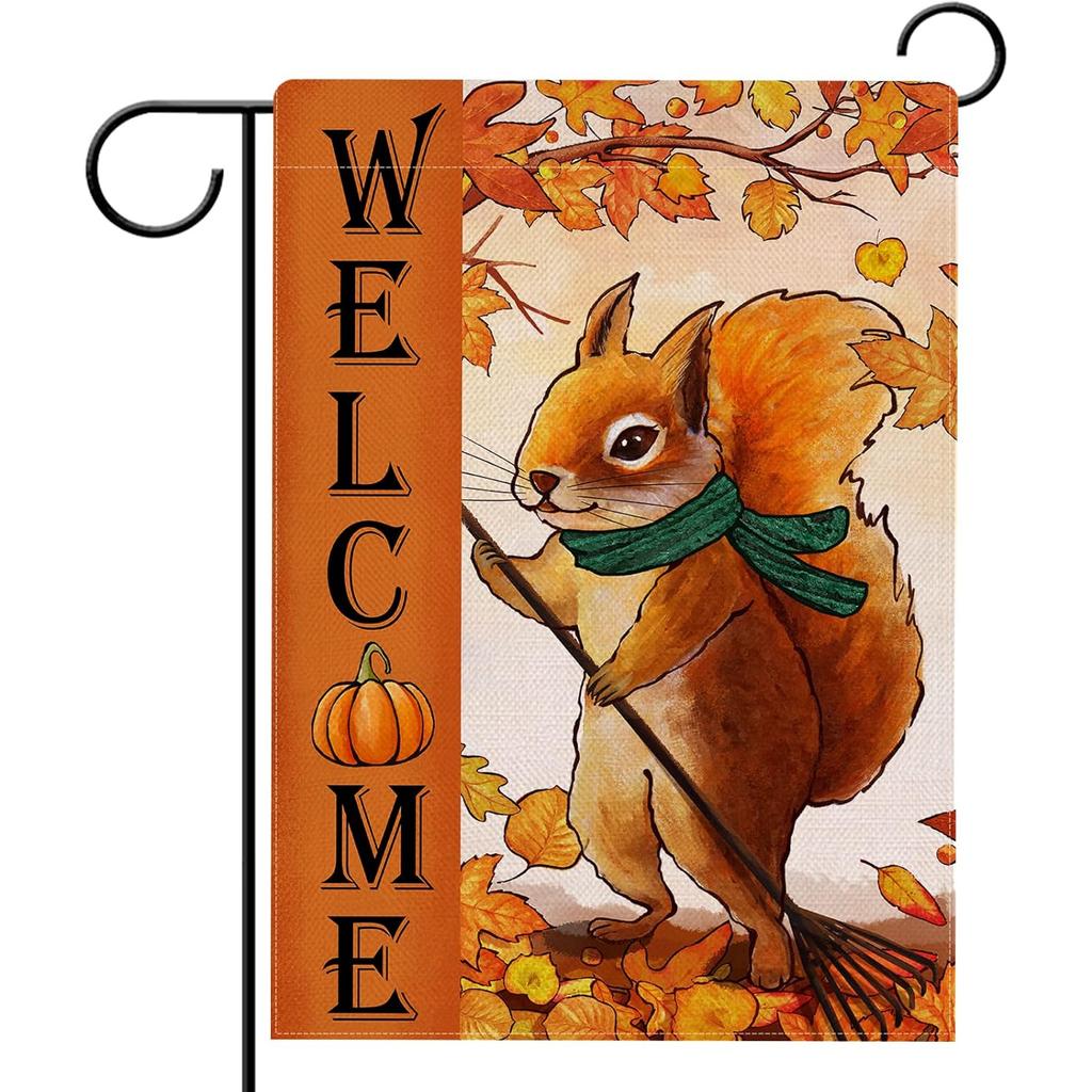 Autumn-Themed Garden Flag Featuring a Squirrel, Designed for Outdoor Decoration with Double-Sided Print Showcasing Maple Leaves In Red, Orange, And Br