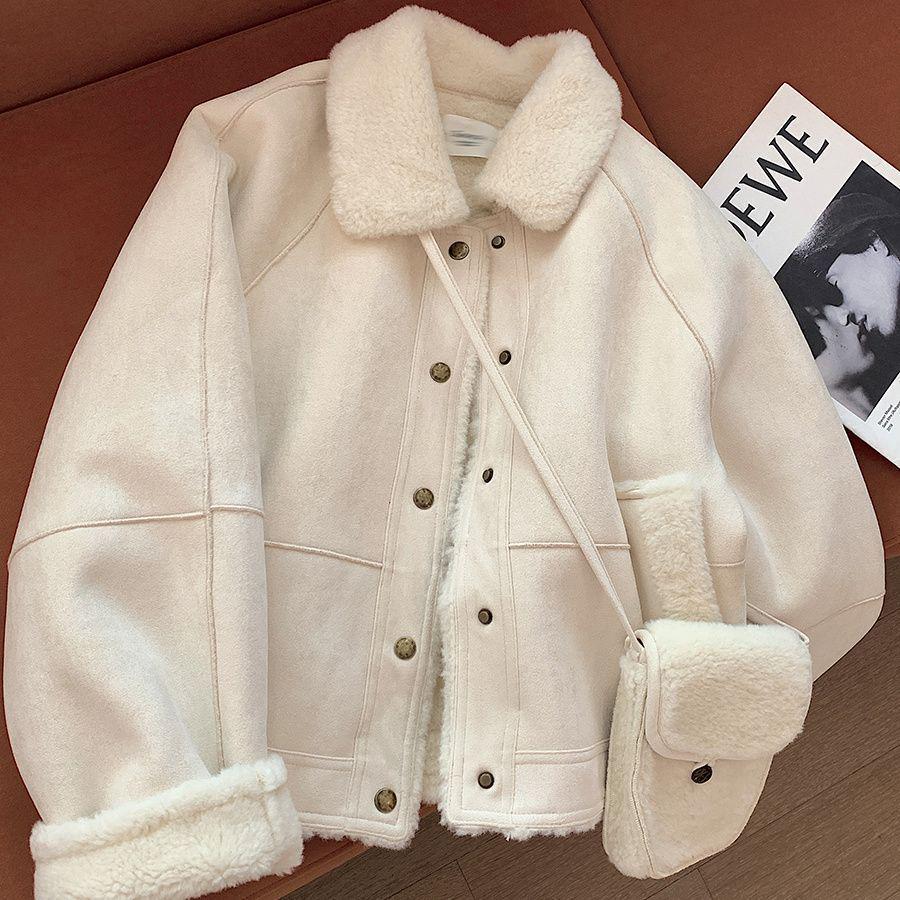 

Женское зимнее пальто из овечьей шерсти Off-White - Квадратный вырез, Корейский стиль, Омолаживающее, Свободный крой, Укороченная куртка M (90-105 jin) кремовый/белый