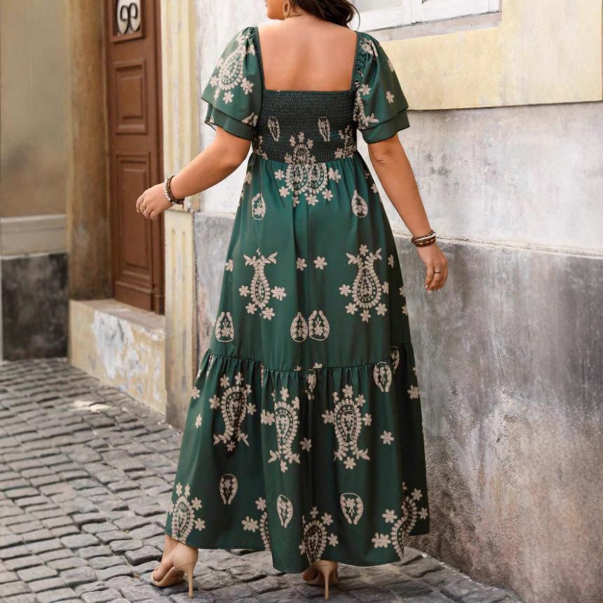 Dark Green Floral Print Square Neck Bubble Sleeve Midi Dress