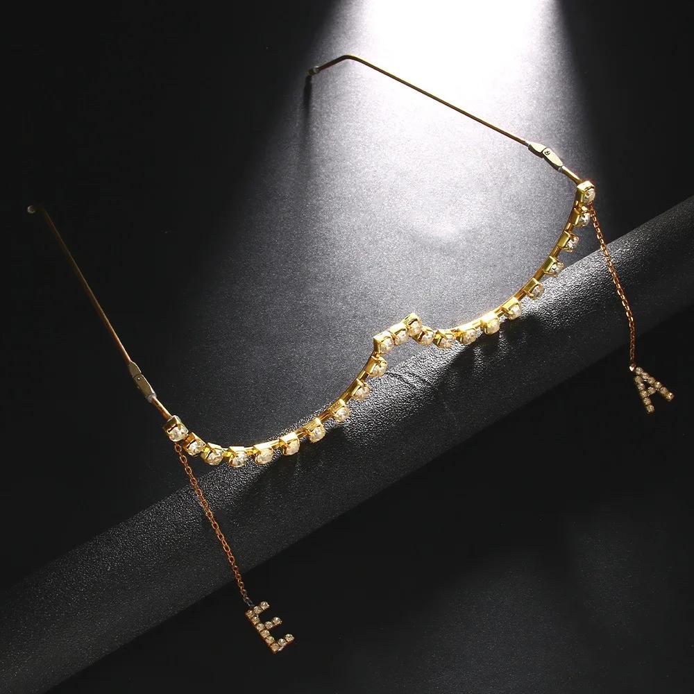 Letter E-A Tassel Eyeglass Frame No Lens Adjustable Jewelry Rave Designer Crystal Eyewear Frame Women Face Decoration
