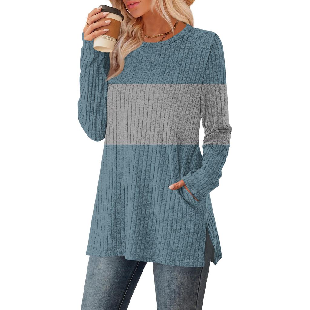 Womens Sweaters Crewneck Long Sleeve Shirts With Pockets Fall Outfits Fashion Winter Clothing Side Slit