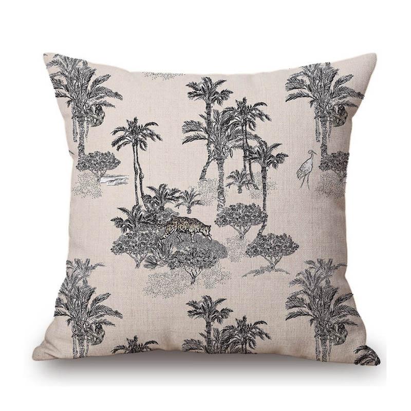 Toile De Jouy Jungle Animals Tiger Giraffe Tiger Crane Birds Navy Blue Greenish Pattern Decorative Pillow Case Car Cushion Cover