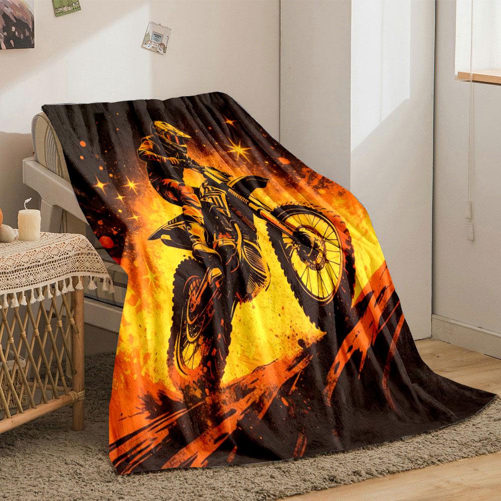 Watercolor Style Motocross Racing Print Blanket, Home Sofa Chairs Decor Blanket Motorcycle Lovers Gift Blanket Next Day Shipping