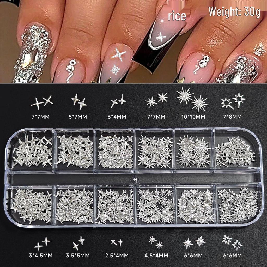 Gold & Silver Starburst Nail Art Set: Cross, Rivets & Lightning Elements