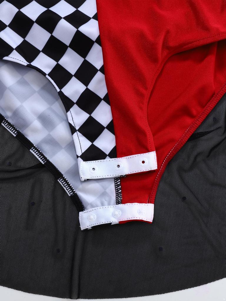 Girls Clown Costume Color Block Patchwork Rhinestone Decorative Leotard Halter Sleeveless Backless Waist Mesh Overlay Jumpsuit