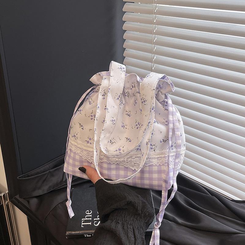 Новая сумка-бенто на кулиске с цветочным клетчатым принтом студенческая сумка для еды портативная сумка для ланч-бокса большой вместимости сумка для поездок фиолетовый 2580₽