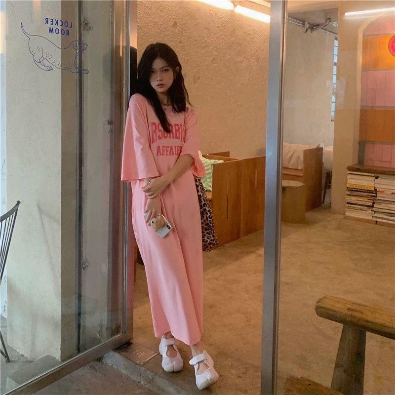 Women's Hong Kong Style Loose Fit Knee-Length T-Shirt Dress - Summer Short Sleeve, Slim Round Neck, Letter Print