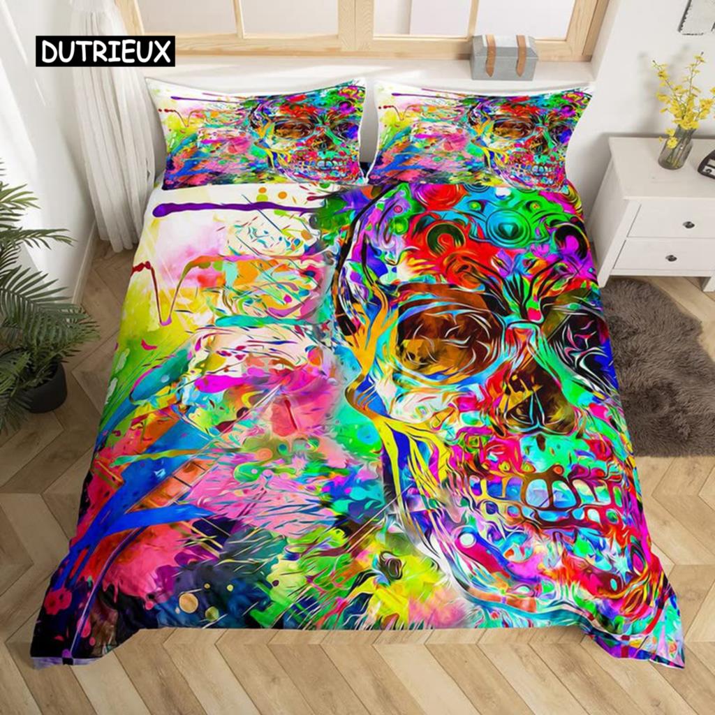 Povlak na přikrývku Sugar Skull Lady King Queen Size Téma Den mrtvých Ložní souprava Retro Gotický Kostra Červená růže Měkký povlak na přikrývku Bílý