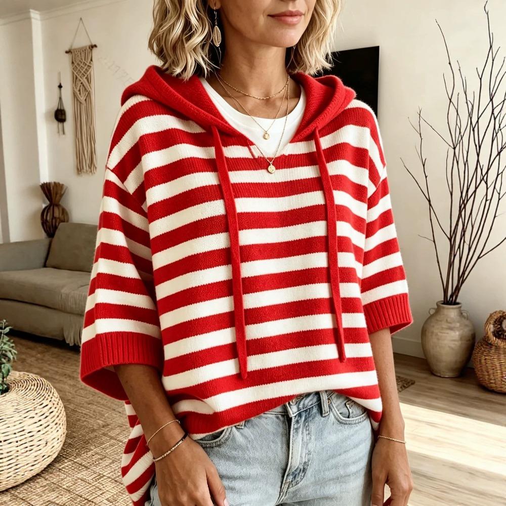 Women's New Hooded Drawstring Knit Sweatshirt Loose Long Sleeve Striped Pullover Sweater