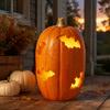 Lighted Pumpkin Statue Halloween Resin Figurine, Bat Hollow Out Lantern with Decor Warm Light, Spooky Indoor Outdoor Home Table Fireplace Durable