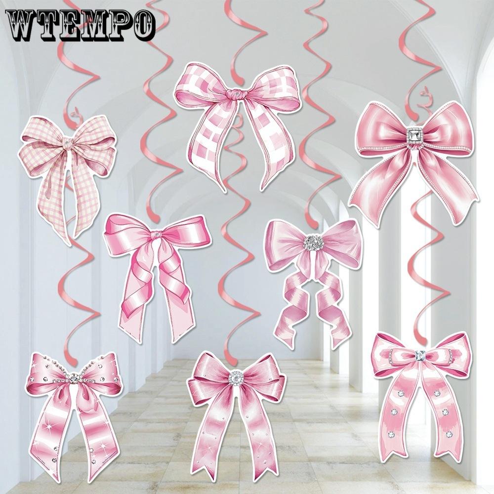40pcs Birthday Party Decoration Spiral Pendant Pink Bow Birthday Spiral Tag Hanging Decoration and Props