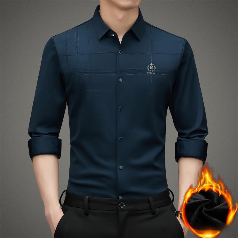 Осенне-зимняя бархатная утолщенная бесшовная рубашка с длинными рукавами для папы-мужчины — фото 3