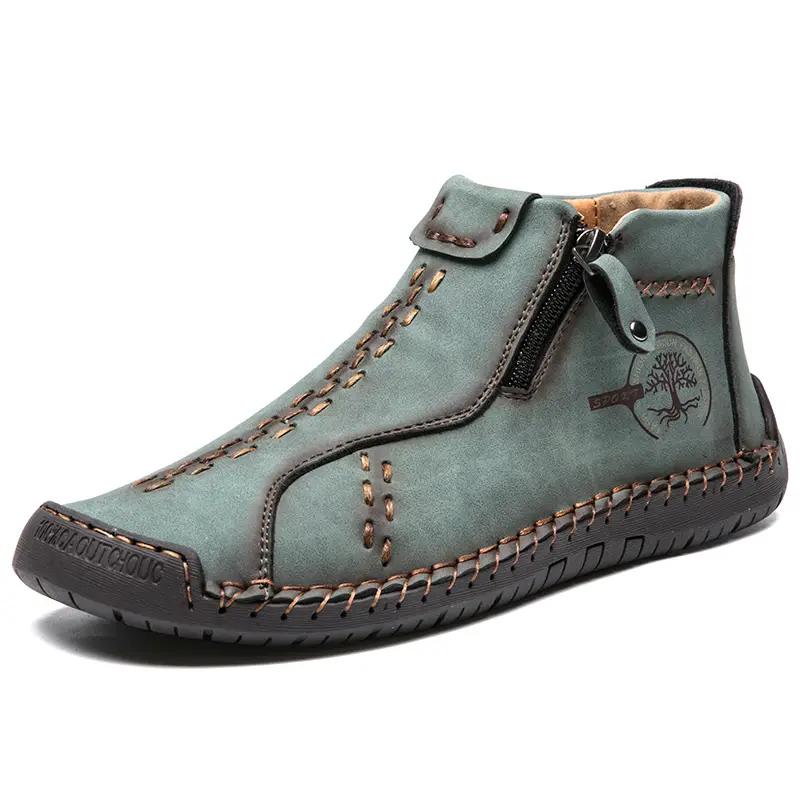 Handmade Leather Casual Shoes For Men Sneakers Men Flat Footwear Zipper Leather Boots Men Ankle Plus Size 39-47