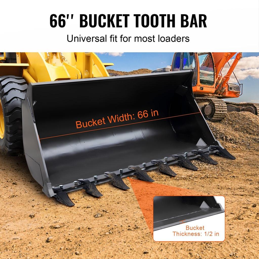 Bucket Tooth Bar, 66'', Heavy Duty Tractor Bucket 8 Teeth Bar for Loader Tractor Skidsteer, 4560 Lbs Load-Bearing Capacity Bolt On Design, for
