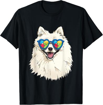 Autism Awareness Puzzle Heart Dog American Eskimo Graphic T-Shirt Casual Round Neck Men Trip Tee